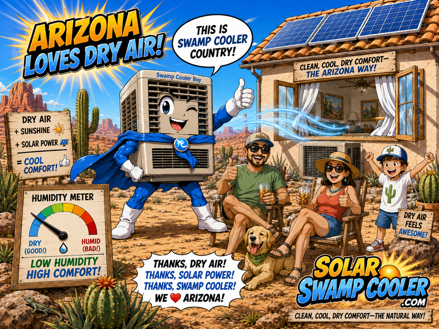 Arizona dry air success with swamp cooler and solar panels.
