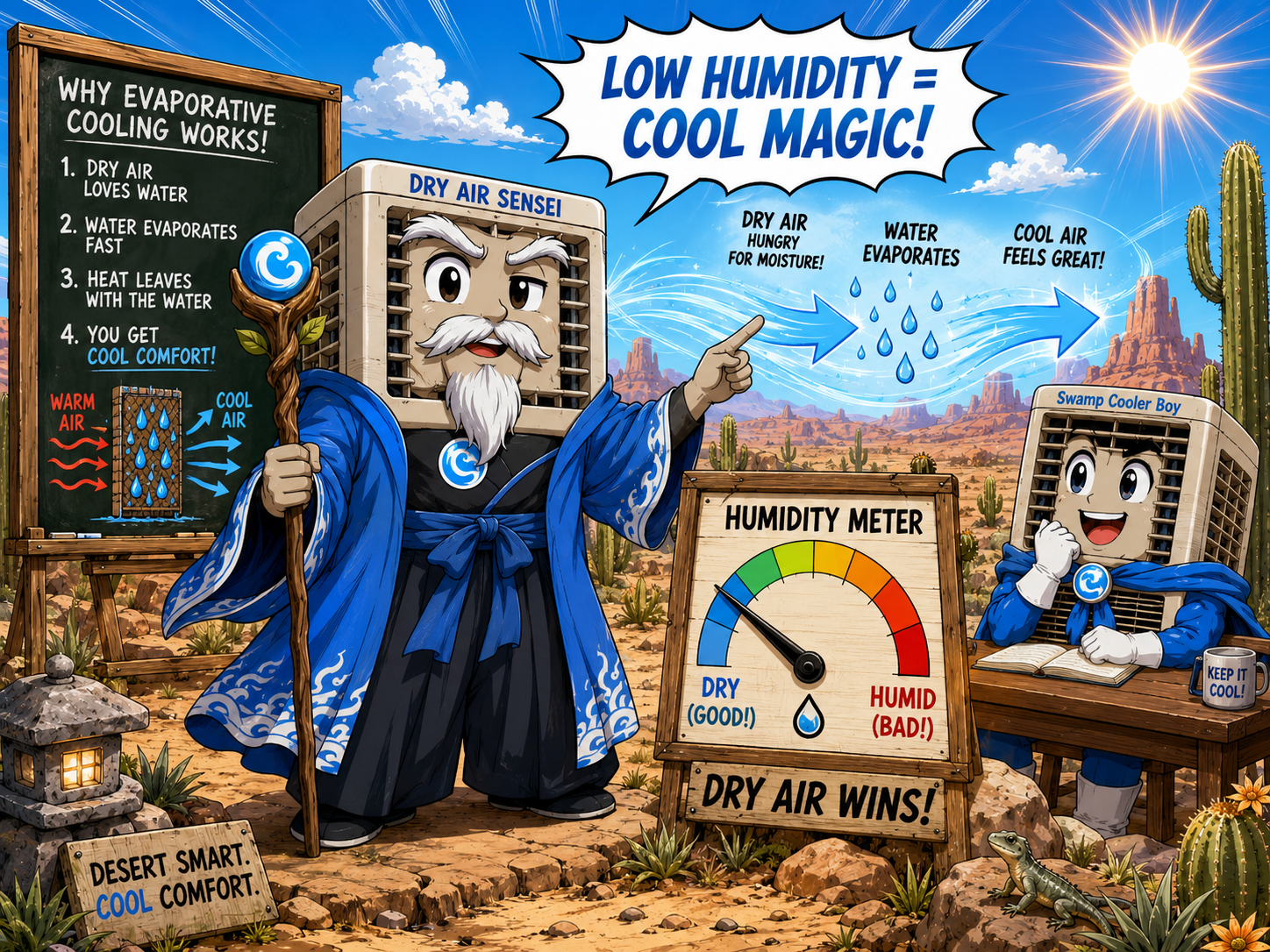 Dry Air Sensei teaches evaporative cooling.