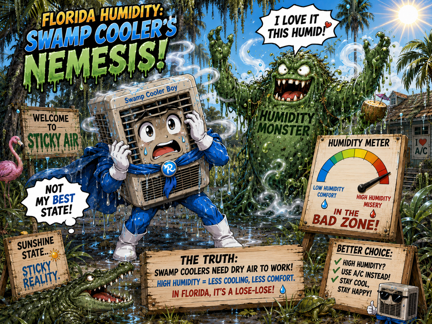 Florida humidity defeats Swamp Cooler Boy in a comedy warning poster.