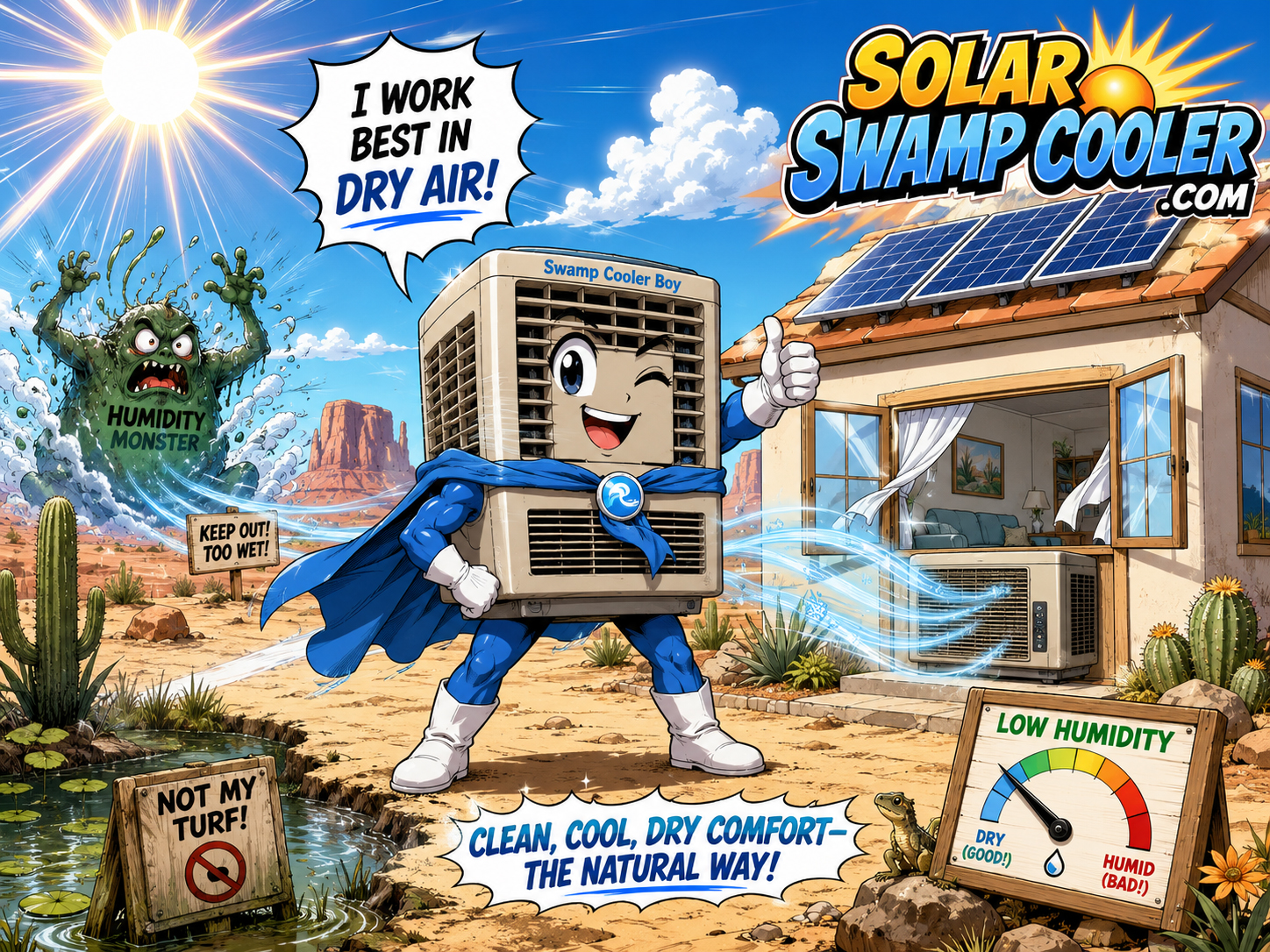 Swamp Cooler Boy cooling a desert home with open windows and solar panels.