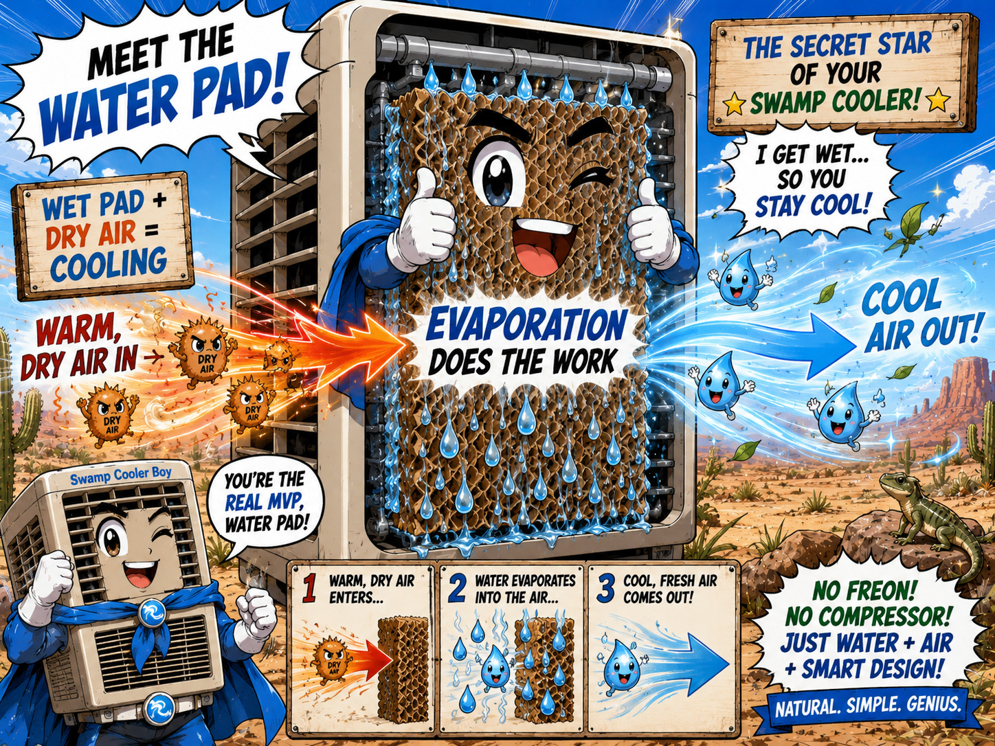 Dry Air Sensei explains that low humidity makes swamp coolers work.