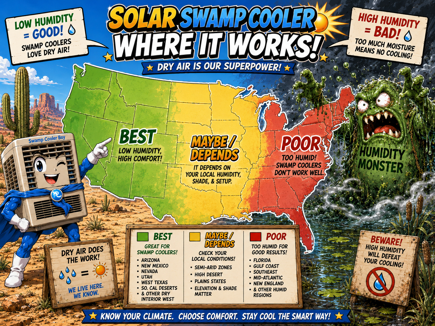 Comic map showing where swamp coolers work best, maybe work, and work poorly.