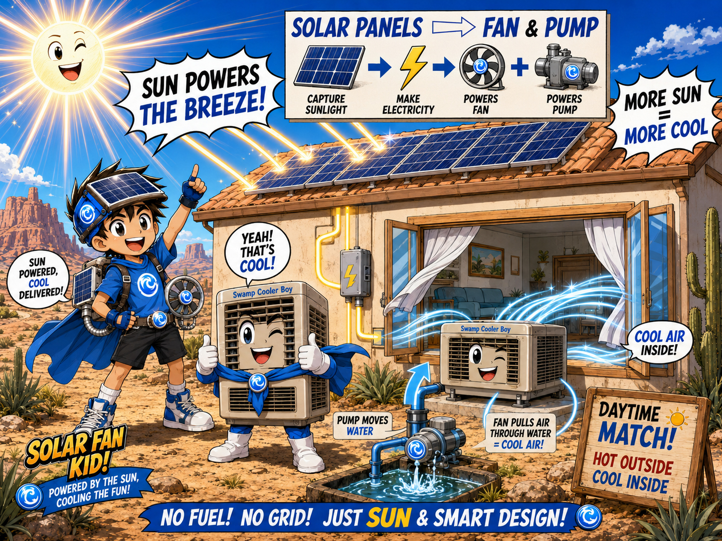 Solar panels power a swamp cooler fan and pump in a sunny desert home.