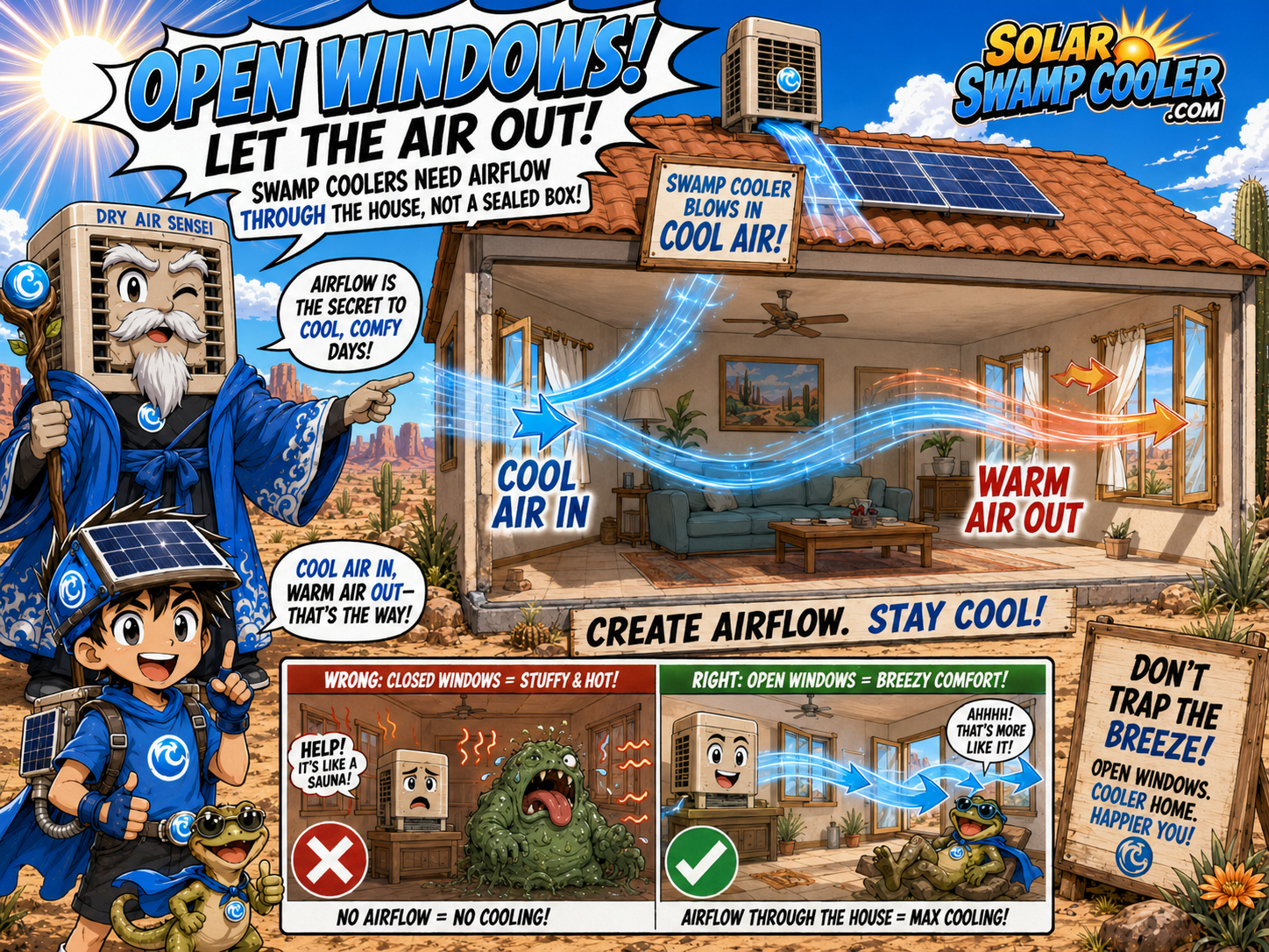 Close-up comic explainer of swamp cooler water pad and evaporation.